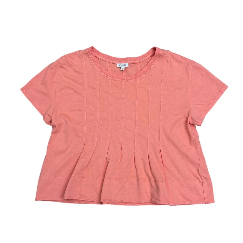 Pilcro Anthropologie Small Coral Pink Pintuck Pleated Cotton Knit Top preppy‎
